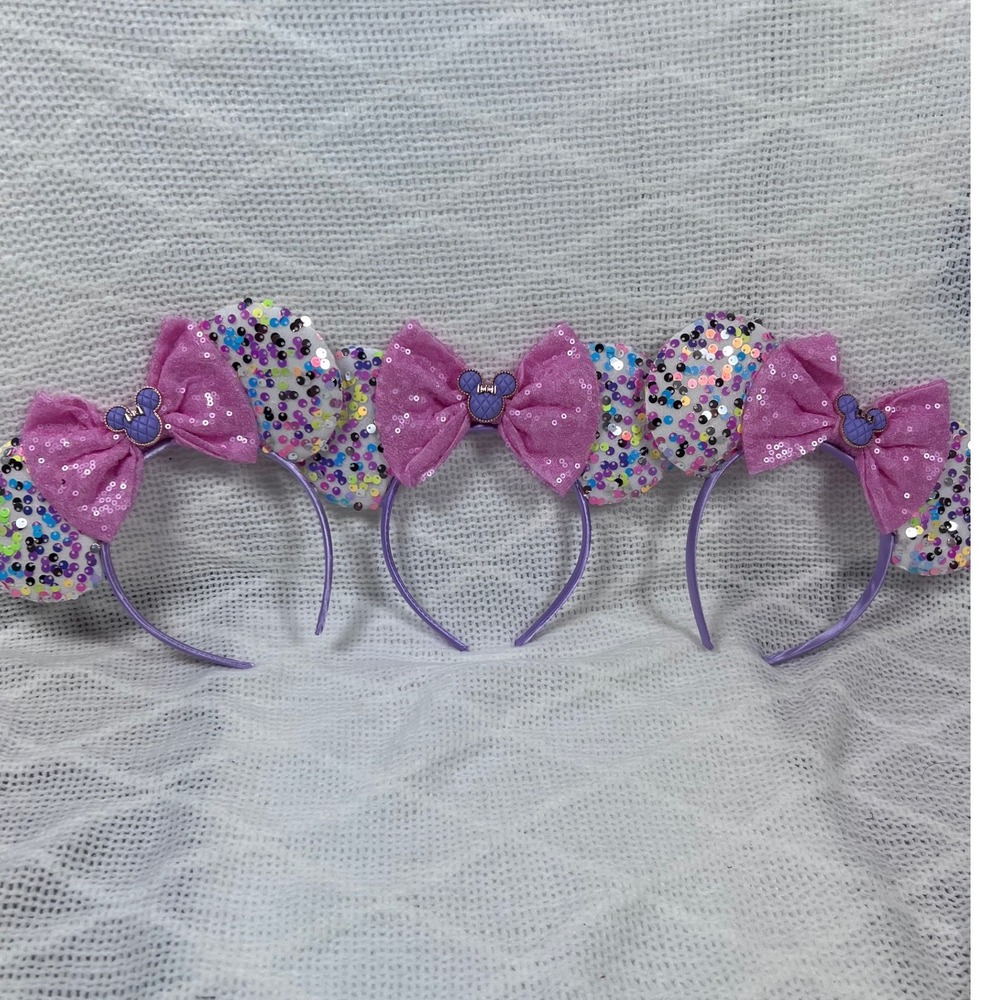 Disney Minnie Mouse Ears Headband Girls Purple Confetti Sequin Set of 3 NEW